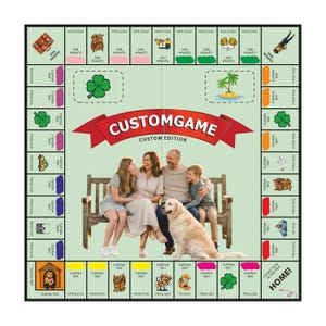 May include: Custom Monopoly board featuring a family portrait and a golden retriever. The board game has a green background with spaces for custom text, images, and property prices. The words "CUSTOMGAME CUSTOM EDITION" are displayed in red.