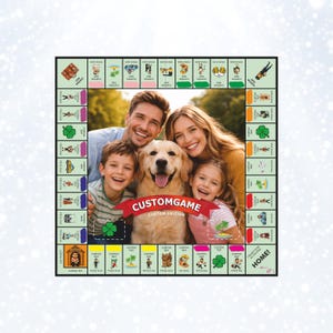 May include: A square board game featuring a central photograph of a family and a golden retriever. The border contains various illustrated icons, text boxes labelled CUSTOM TEXT, and the red banner text CUSTOMGAME CUSTOM EDITION.