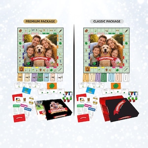 May include: A custom board game set featuring a game board with a central family photo, play money, game cards, and coloured tokens. The board displays the text CUSTOMGAME and HOME. The set includes a black box with the text CUSTOMPOLY.