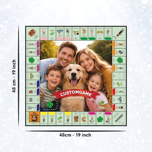 May include: A square custom board game featuring a central photograph of a family with a golden retriever. The border contains various illustrated icons, text fields, and the words CUSTOMGAME CUSTOM EDITION. It measures 48 cm by 48 cm.