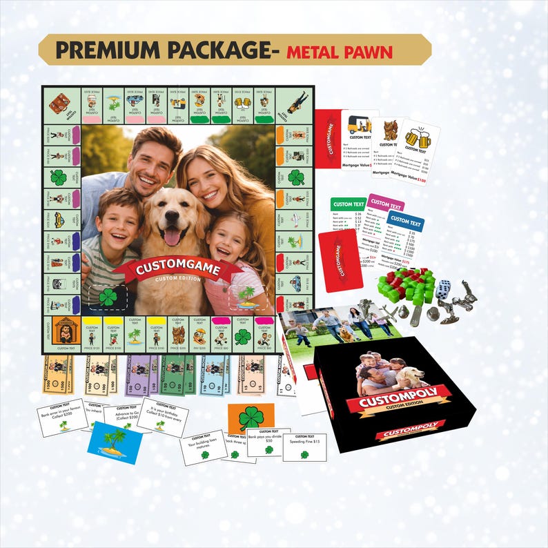 May include: A custom board game set featuring a game board with a central family photo, a black box labelled CUSTOMPOLY, stacks of play money, game cards with custom text, green plastic houses, metal pawns, and two white dice with black dots.