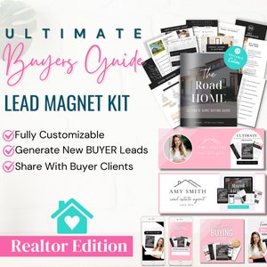 May include: A pink and teal lead magnet kit for real estate agents. The kit includes a customizable guide titled "The Road Home: Ultimate Home Buying Guide" and other marketing materials. The kit is fully customizable and can be used to generate new buyer leads and share with buyer clients.