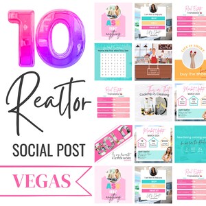 May include: A collage of 10 social media posts for a realtor in Las Vegas. The posts feature a variety of topics, including real estate, cooking, cleaning, and market updates. The posts are designed to be engaging and informative for potential clients.