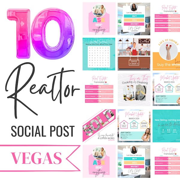Pacote com 10 postagens para mídias sociais para corretores imobiliários | Download instantâneo | Marketing imobiliário | Instagram | Facebook | Rosa e azul-petróleo | Moderno