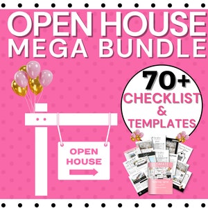 Pode incluir: Um cartaz de casa aberta rosa e branco com balões. O cartaz diz "Open House" e tem uma seta apontando para a direita. A imagem também inclui uma pilha de papéis com o texto "70+ Checklist & Templates" e "Ultimate Open House Guide".