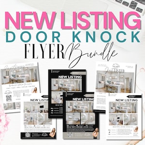 May include: A set of six door-knocker flyers for real estate agents. The flyers are printed on white paper and feature photos of homes, along with the text "New Listing" and "Just Listed".