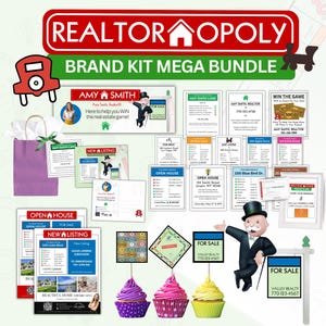Puede incluir: Una colección de materiales de marketing inmobiliario, que incluyen tarjetas de visita, folletos y letreros, con el texto "REALTOROPOLY BRAND KIT MEGA BUNDLE". El diseño incorpora elementos temáticos de Monopoly e imágenes de casas y un agente inmobiliario.
