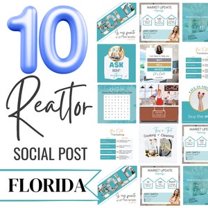 May include: A collage of 10 social media posts for a realtor in Florida. The posts feature a variety of designs, including a sold sign, a market update, and a life is short buy the shoes message. The posts are all in a blue and white color scheme.