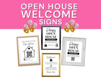 May include: Four printable open house welcome signs with black text on white backgrounds. The signs feature a house icon, a QR code, and the text "Welcome to our Open House, Please Sign In". One sign also includes the text "Please share your feedback on our open house today! & register to win a $25 Amazon gift card. Thank you!"