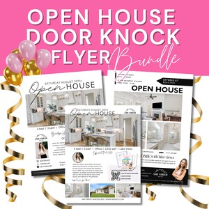 Könnte beinhalten: Drei Open-House-Flyer in einem rosa-weißen Farbschema. Die Flyer zeigen Fotos des Innenraums eines Hauses, ein Porträt des Maklers und einen QR-Code. Der Text auf den Flyern lautet "Open House" und enthält Datum, Uhrzeit und Adresse des Open House. Die Flyer werden für 545.000 € angeboten.