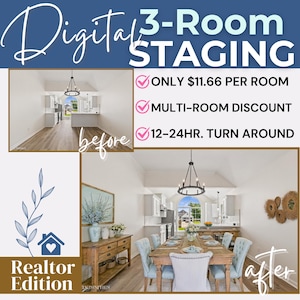 May include: Before and after images of a dining room. The before image shows an empty room with white walls and hardwood floors. The after image shows the same room with furniture, a chandelier, and artwork on the walls. The text "Digital 3-Room Staging" is at the top of the image. The text "ONLY $11.66 PER ROOM", "MULTI-ROOM DISCOUNT", and "12-24HR. TURN AROUND" are listed below the image. The text "Realtor Edition" is at the bottom of the image.