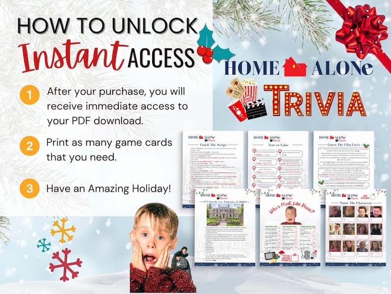 May include: A festive digital download featuring "Home Alone" trivia game cards. The design includes the movie title, popcorn, film clapper, and a surprised child. Instructions are provided to unlock instant access.