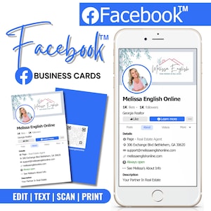 FACEBOOK Visitekaartjes met tekst en print | Canvassjabloon | QR-code | Vastgoedmarketing | Uniek ontwerp | Klein bedrijf | Facebook-pagina