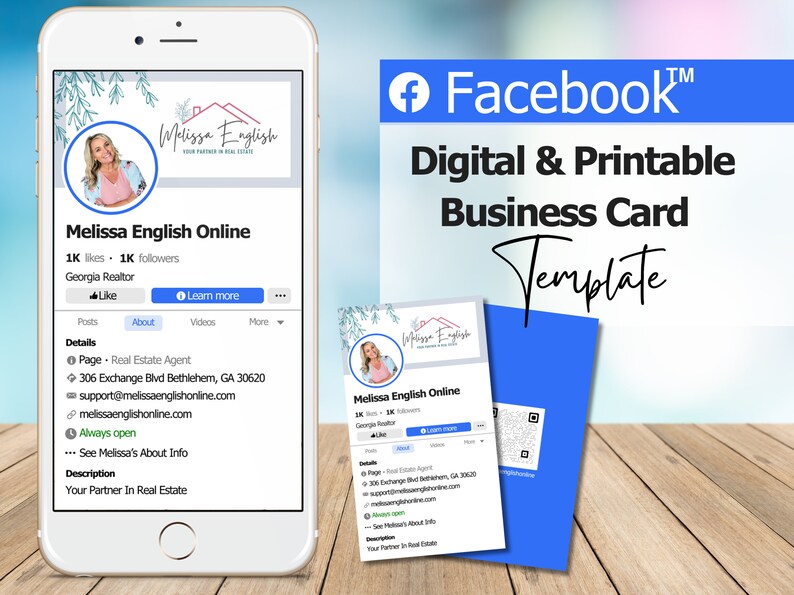 Digital &amp; Printable FACEBOOK Business Card Canva Template QR Code Real ...