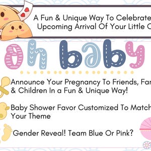 Image of cute fortune cookie graphics and baby graphics that describes the best way to use the customized fortune cookies for baby shower, gender reveal, and pregnancy announcements.  Baby Celebration