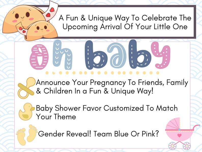 Image of cute fortune cookie graphics and baby graphics that describes the best way to use the customized fortune cookies for baby shower, gender reveal, and pregnancy announcements.  Baby Celebration