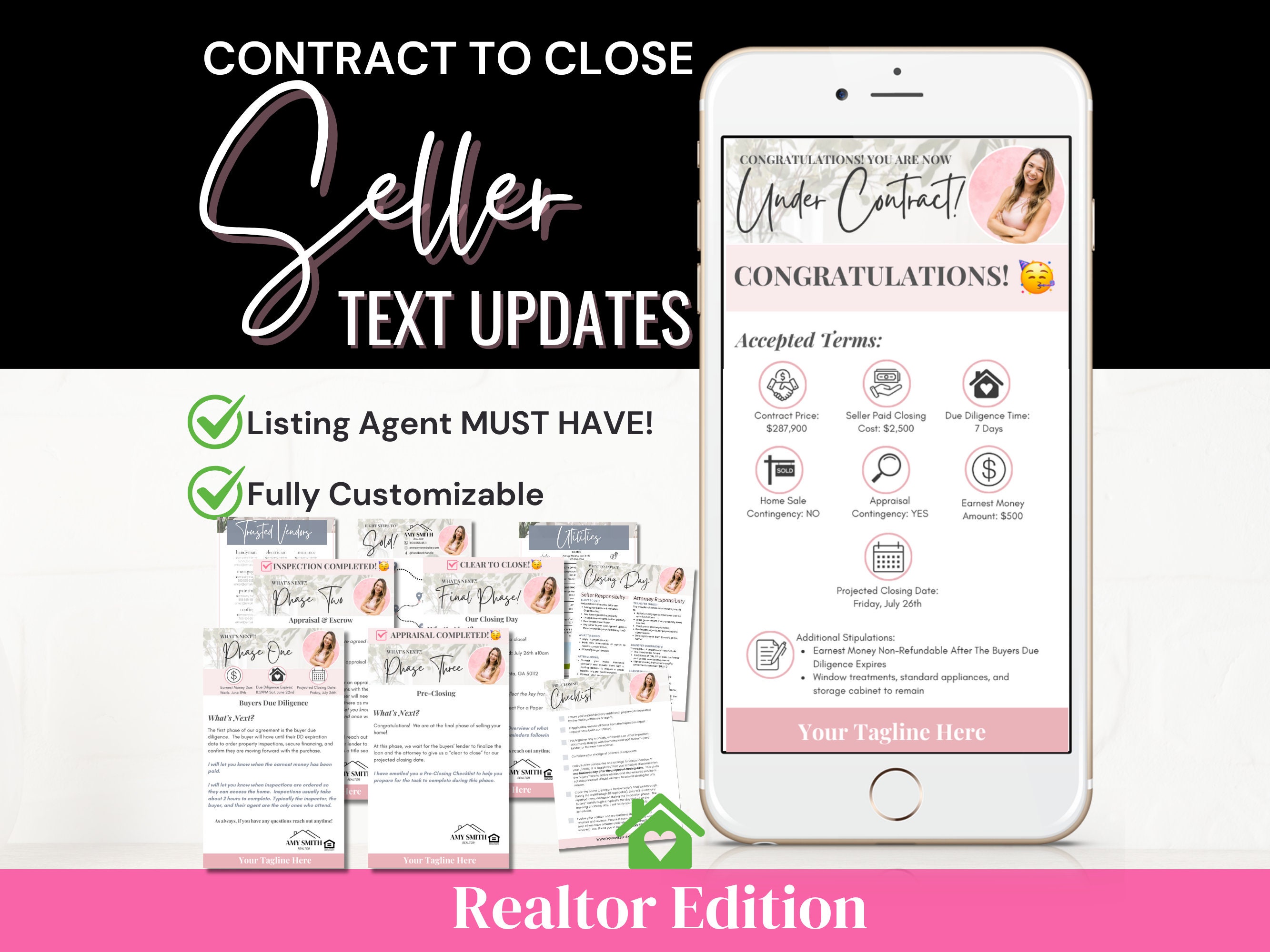 Seller Contract To Close Timeline Text Updates | Canva Templates | Real Estate Marketing | Modern | Agent Checklist | Listing Agent | Pink