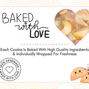 photo of fresh baked fortune cookies with handmade seal and cute fortune cookie graphics