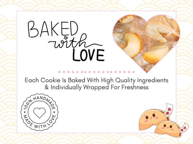 photo of fresh baked fortune cookies with handmade seal and cute fortune cookie graphics
