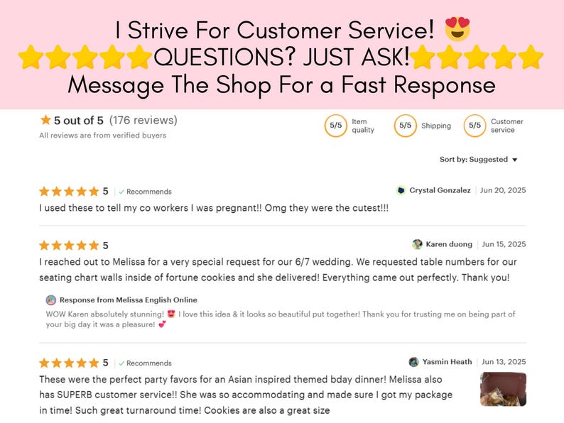 Display of past customer reviews all with 5 stars and Etsy Bestseller Badge!