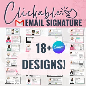 Puede incluir: Una colección de más de 18 diseños de firma de correo electrónico clicables para Canva. Los diseños presentan una variedad de colores y estilos, incluyendo rosa, azul, verde y negro. El texto "Clickable: EMAIL SIGNATURE" se muestra en la parte superior de la imagen.