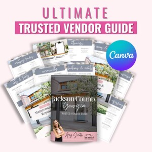 Pode incluir: Uma coleção de guias com o texto "ULTIMATE TRUSTED VENDOR GUIDE". Os guias incluem categorias como "mortgage lenders", "eats & treats" e "Jackson County Georgia". Um logotipo da Canva é visível.