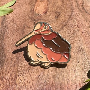 May include: A brown, red, and beige enamel pin of a kiwi bird with a long beak.