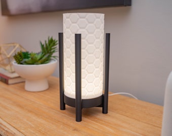 3D Printed Mid Century Modern Table Lamp, Desk, Bedside, Reading Ambient Light, Honeycomb, Hexagon Lampshade Texture