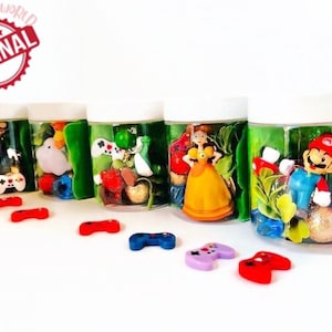 Mario Party Favors inspired, Playdough Jars, Mario Playdough Kit, Play Dough Jar, Playdough Party Favor, Mario Birthday, Mario Goodie Bag