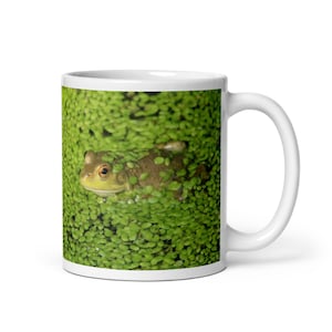 Puede incluir: Una taza de cerámica blanca con una rana verde parcialmente sumergida en un lecho de plantas acuáticas verdes. La rana tiene un cuerpo verde claro y una espalda verde oscuro con un ojo naranja brillante.