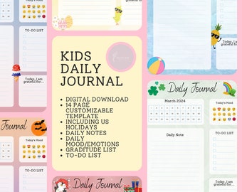 Kids Daily Journal, Daily Journal for Kids, 13 monthly templates, customizable templates