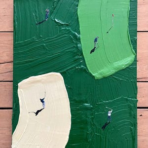 May include: An abstract painting of a golf course with a textured green background and a light green putting green. Miniature figures of golfers are depicted in action. A white sand trap is on the left. A red flag marks the hole.