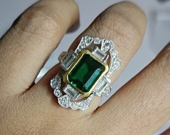 Emerald Ring, Art Deco Emerald Diamond Ring, Bridal Wedding Ring, Silver Ring, Vintage Style Ring For Women, Special Gift For Mother