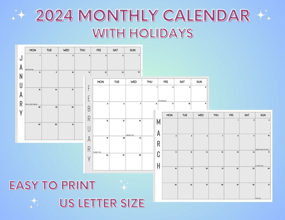 Monthly Calendar (monday Start), Simple Black White Calendar, 11 X 8.5 ...