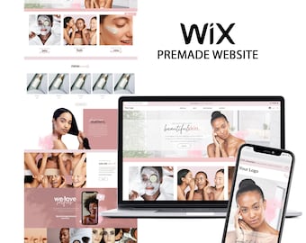 May include: A website mockup for a beauty brand with the text "beautifulskin." The website is shown on a laptop and a mobile phone. The website features images of people with different skin tones and a pink and white color scheme.