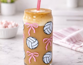 Coquette Volleyball Glass Cup: Sporty Girl Gift with Bamboo Lid