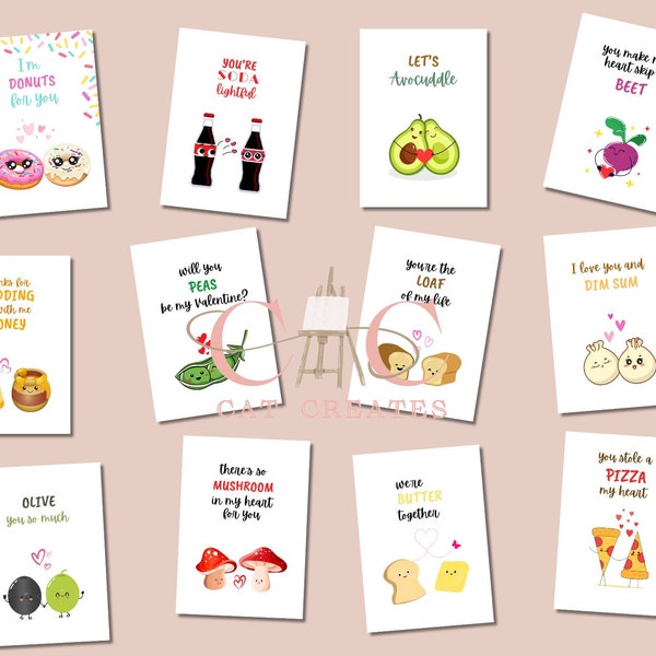 Valentine Card Bundle, 5x7" Cute Valentine Cards, Instant Download Valentine Cards, Punny Valentine, Foodie Valentine, Romantic Printables