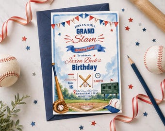 Puede incluir: Invitación de fiesta de cumpleaños con temática de béisbol con el texto "¡Únete a nosotros para una fiesta de cumpleaños Grand Slam!" La invitación presenta un bate, un guante y una pelota de béisbol, con una ilustración de un campo de béisbol.