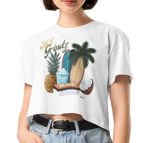 Hawaii Food Musubi Sushi Custom Crop Top, HI Grindz Coconut Girl Food Menu Honolulu Crewneck, Sunkissed Coconut Vacation Pineapple Gifts