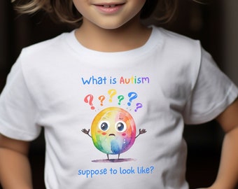 À quoi l'autisme est-il supposé ressembler ? T-shirt en coton pour enfants/Chemise de sensibilisation à l'autisme/Emoji spectre mignon/Cadeau de soutien au TSA/T-shirt pour enfants neurodiversité