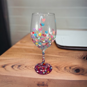 Valentine’s Day Hand painted multi-colored Heart Wine glass with glitter