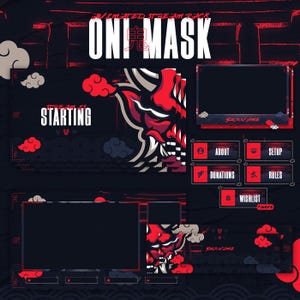 Pacote de transmissão animada premium Oni Mask | Sobreposições de transmissão, painéis, alertas, intervalo, sobreposição de câmera, telas | Twitch, Youtube, Kick