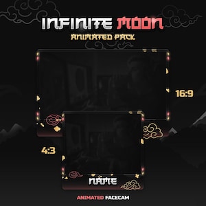 May include: Animated Twitch overlay pack with a black background, gold and red accents, and a cloud design. The overlay includes a 16:9 screen and a 4:3 webcam frame. The text "Infinite Moon" and "Animated Pack" are displayed at the top of the overlay. The text "Name" and "Animated Facecam" are displayed at the bottom of the overlay.