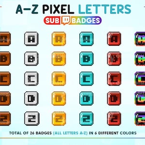 Insignias de suscripción de Twitch con Pixel Letters, insignias de Bit, insignias de Pixel Bit, insignias de suscripción para streamers, A-Z