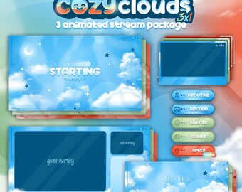 Cosy Clouds Drie geanimeerde streampakketten: Twitch, YouTube, Kick, stream-overlays, panelen, meldingen