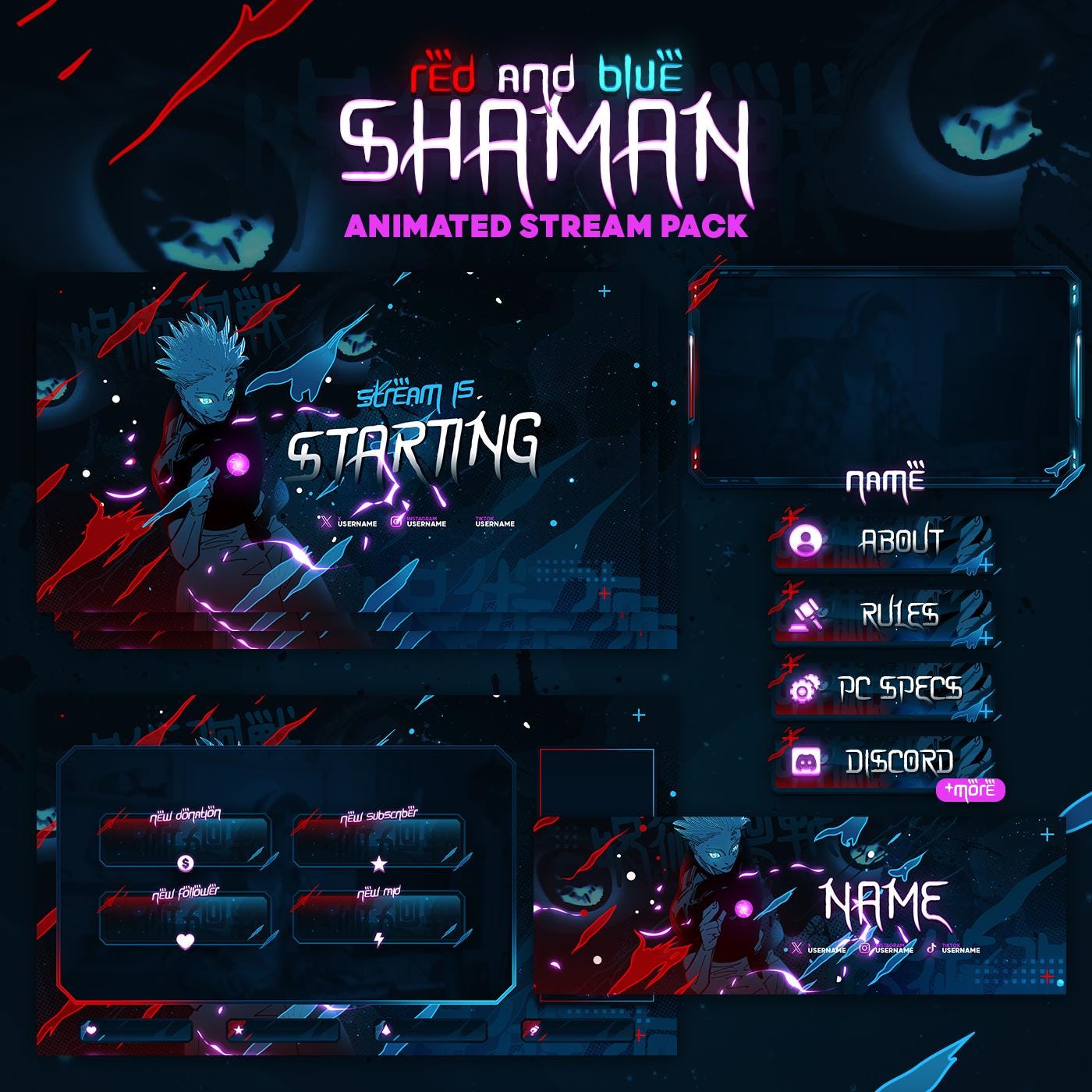 Shaman Red Blue Anime Premium Animated Stream Package | Stream Overlays, Panels, Alerts, Cam Overlay, Screens | Twitch, Youtube, Kick