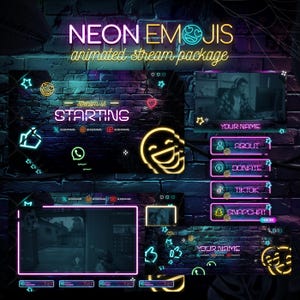 Neon Emojis Animated Stream Package: Twitch, YouTube, Kick, Stream Overlays, Panels, Alerts, Cam Overlay