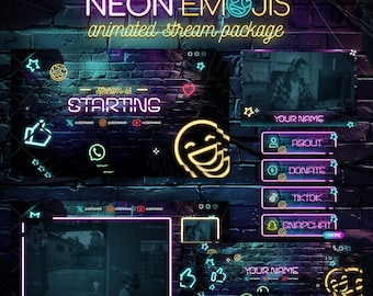 Neon Emojis Animated Stream Package: Twitch, YouTube, Kick, Stream Overlays, Panels, Alerts, Cam Overlay