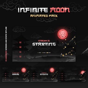 May include: A set of three animated Twitch stream overlays featuring a black and red Japanese-inspired design with a red moon and a pagoda. The text "Stream is Starting", "Stream is Ending", and "Stream is Offline" is displayed on each overlay.