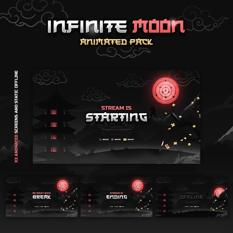 May include: A set of three animated Twitch stream overlays featuring a black and red Japanese-inspired design with a red moon and a pagoda. The text "Stream is Starting", "Stream is Ending", and "Stream is Offline" is displayed on each overlay.